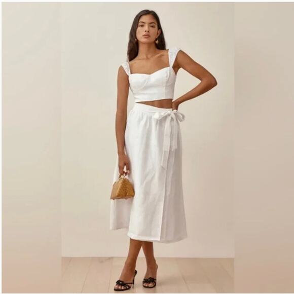 Reformation Clyde 2 Piece Set 100% Linen Midi Skirt Crop Top Bustier White 10 - Picture 1 of 12